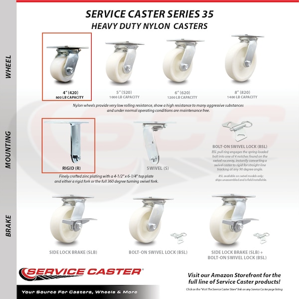 4 Inch Nylon Caster Set With Roller Bearing 2 Brakes And 2 Rigid